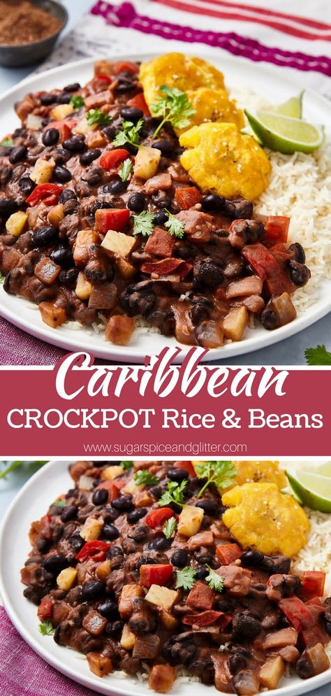 Crockpot Caribbean Rice & Beans Crockpot Rice And Beans, Caribbean Rice And Beans, Beans Crockpot, Caribbean Rice, Beans In Crockpot, Carribean Food, Mexican Rice Recipes, Vegetarian Crockpot Recipes, Rice Beans