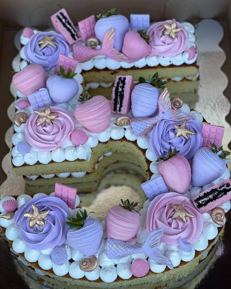 Pink And Blue Number Cake, Number Cakes Purple, Pink And Purple Number Cake, Purple Number Cake, Mermaid Number Cake, Unicorn Number Cake, Zoe Cake, Mermaid Number, Holiday Cake Decorating