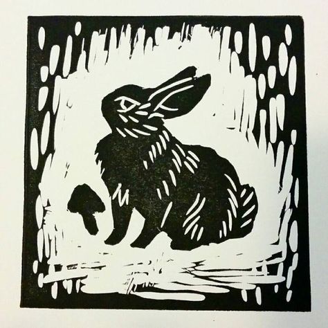 Rabbit linocut Rabbit Lino Print, Rabbit Block Print, Black Rabbit Illustration, Linocut Rabbit, Bunny Linocut, Printmaking Animals, Rabbit Linocut, Black Rabbit Art, Linocut Prints Simple