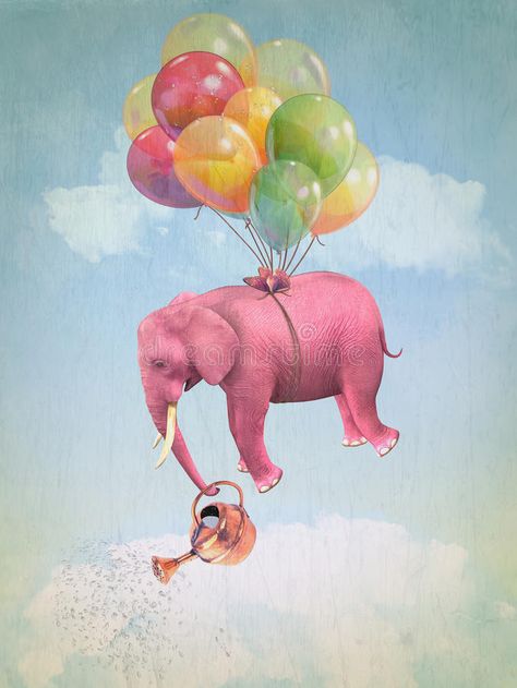 Pink elephant in the sky. With a watering can. Illustration #Sponsored , #paid, #SPONSORED, #elephant, #watering, #sky, #Pink Bedroom Nordic, Red Elephant, Elephant Balloon, Nordic Home Decor, Elephant Pictures, Home Decor Painting, Living Room Poster, Kid Bedroom, Elephant Canvas