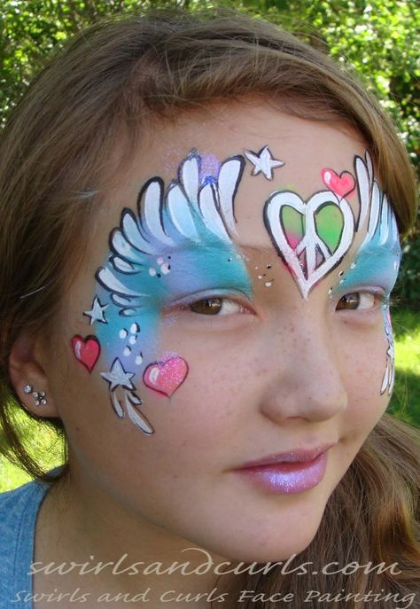 peace sign mask face paint design Heart Face Paint, Mask Face Paint, Feather Tops, Paint Design, Peace Signs, Heart Face, Face Painting Designs, Small Faces, Mask Face