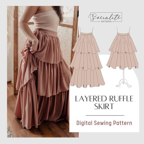 Layered Ruffle Skirt printable pattern and tutorial. - Flat front, gather back waistband - Intermediate skill level - Use light weight woven or knit fabric - Sizes XXS-7XL - Printable A4/Letter/A0 templates and projector file included - Hand draft tutorial included - Full step by step illustrated tutorial included - Fabric amounts 5.5 - 8.75 yd - BODICE NOT INCLUDED - THIS IS NOT A FINISHED PRODUCT - THIS IS NOT A PHYSICAL PAPER PATTERN Disclaimer - The information in this tutorial and the accom How To Make A Ruffled Skirt, Layered Crochet Skirt, Sewing Patterns Gifts, Beginner Skirt Sewing Pattern, Layered Ruffle Skirt Pattern, Ruffle Skirt Pattern Free, Sewing Pattern Clothes, Layered Skirt Pattern, Sewing Skirts Patterns