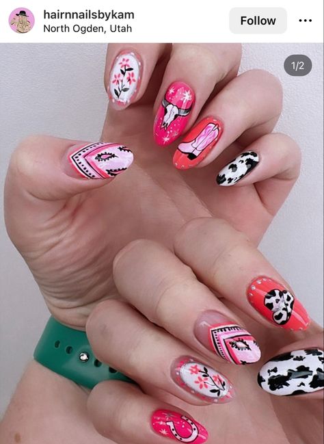 Punchy Cowgirl Nails, Cowboy Nail Designs, Cowboy Boots Nails, Pink Disco Cowgirl Nails, Dolly Parton Nails Ideas, Shania Twain Nails, Cowboy Theme Nails, Cow Skull Nails, Pink Country Nails