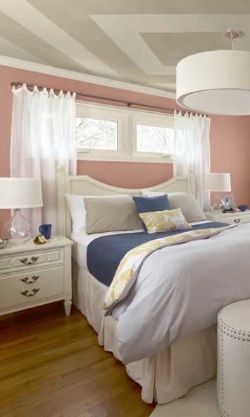 # bedroom #. Great idea for basement or bedroom with small Windows. Plus i like the idea of using the yellow gold comforter inside out where u see just a subtle amount of pattern in the comforter & pillow. That might be handy if u get a stain on the outside of the comforter! I luv the yellow gold color that's popular combined with blue, purple, or gray! Window Above Bed, Small Window Treatments, Basement Guest Rooms, Bedroom Budget, High Windows, Basement Windows, Window Treatments Bedroom, French Country Bedrooms, Small Basements