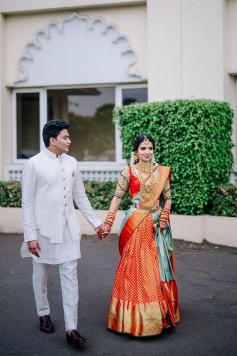 Half Saree For Engagement, South Indian Engagement Outfit, South Indian Engagement, Indian Engagement Outfit, Engagement Couple Dress, Saree For Engagement, Hindu Wedding Photos, Saree Half Saree, Indian Engagement