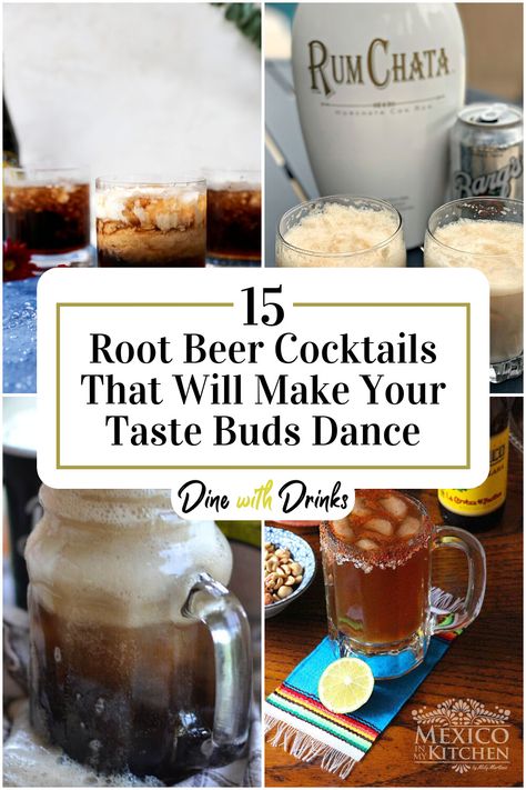 Collage of 4 root beer cocktails. Rootbeer Cocktail Recipes, Root Beer Rum Cocktails, Root Beer Liqueur Cocktails, Rootbeer Schnapps Recipe, Root Beer Rum Creams, Cocktails With Rootbeer, Root Beer Whiskey Drinks, Rootbeer Alcohol Drink, Mocktail With Root Beer