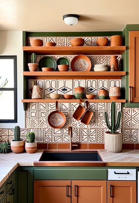 Inspired by the desert landscapes of the Southwest, this kitchen combines earthy hues with rustic textures, offering a cozy, grounded space that reflects the beauty of American nature. #DesertSouthwest #EarthyKitchen #RusticCharm #USADecor #WarmTones Desert Color Palette Kitchen, Modern Southwest Decor Kitchen, Boho Inspired Kitchen, Arizona Kitchen Ideas, Desert Boho Kitchen, Copper Kitchen Cabinets, Desert Kitchen Design, South Western Kitchen, Adobe Interior Design