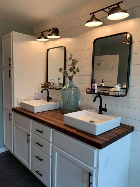 Bathroom Vanity With Wood Countertop, Wooden Countertops Bathroom, Wood Top Bathroom Vanity, Bathroom Vanity Colors, Vacation Interior, Farmhouse Sink Bathroom Vanity, Farmhouse Style Bathroom Vanity, Shitters Full, Farmhouse Bathrooms