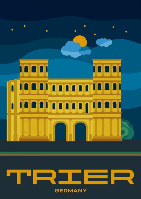 A modern, illustrated travel poster showing the Porta Nigra in Trier, the oldest city in Germany. Trier Germany, Art Of Persuasion, Europe City, Cities In Germany, Visit Germany, Travel Ads, Roman Baths, City Poster, Travel Illustration