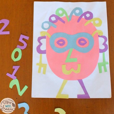 Quiet Time Ideas for Kids - Cut-out paper numbers or use number stickers to build pictures, like this Nancy Number face. Such a fun and easy way to increase number awareness. #howweelearn #quiettime #independentplay #preschoolactivities #preschoollearning Number 3 Art Preschool, Number Crafts, Craft Preschool, Kindergarten Projects, Counting Numbers, Number Art, Numbers Kindergarten, Teaching Numbers, Number Activities