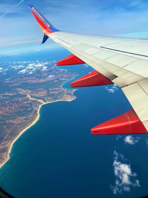 Southwest Airlines plane wing with a view of the ocean and land over Cabo, San Jose, Mexico Airlines Aesthetic, My Future Job, Board Pictures, Twenty Twenty, Future Job, Vision Board Pictures, San Jose Del Cabo, Southwest Airlines, Future Jobs