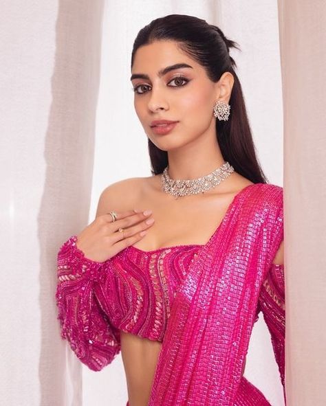 All posts • Instagram Pink Saree Look, Pink Sequin Saree, Khushi Kapoor, Capsule Wardrobe Casual, Party Makeup Looks, Gala Gown, Mumbai Wedding, Models Style, Sequin Saree