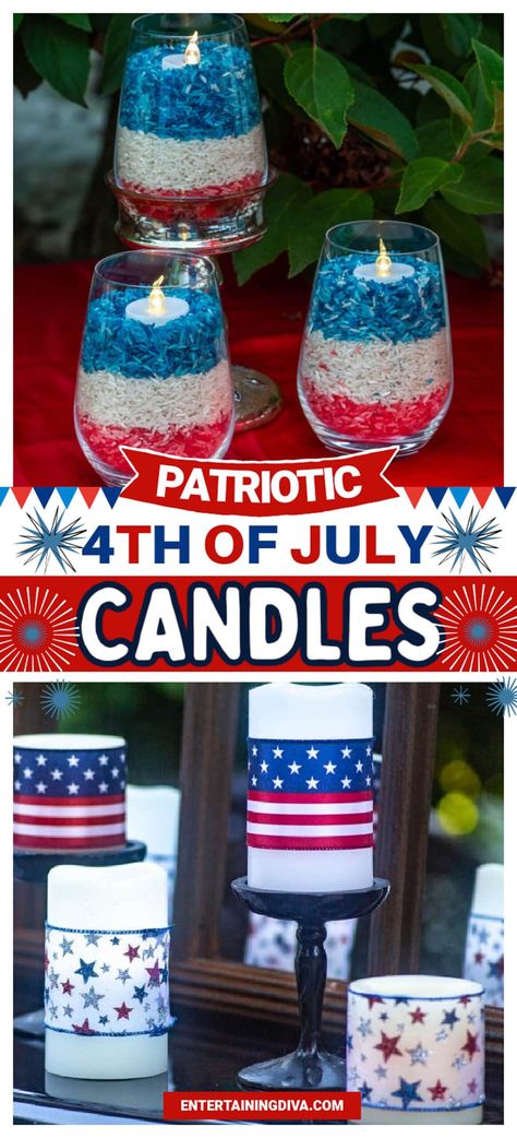 5 Easy And Inexpensive Ways To Make 4th of July Candles | Parties 4th Of July Decorations Outdoor, Patriotic Table Decor, Patriotic Candles, Simple Table Decorations, Terrarium Candle, Summer Outdoor Decor, Candle Ribbon, Pearl Candle, Flameless Tea Lights