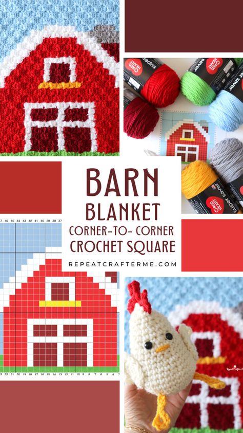 Crochet Barn Blanket Crochet Barnyard Animals, Farm Crochet Blanket, Crochet Farm Blanket, Farm Blanket Crochet Pattern, Farm Animal Baby Blanket Crochet Pattern, Farm Blankets, Crochet House, Repeat Crafter Me, Corner To Corner Crochet