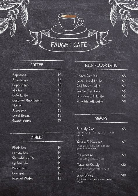 Dark Rustic Chalkboard Texture Cafe Menu - Templates by Canva Menu Design Ideas, Cafe Menu Boards, Cafe Chalkboard, Chalk Menu, Blackboard Menu, Coffee Chalkboard, Coffee Menu Design, Drink Menu Design, Chalkboard Texture