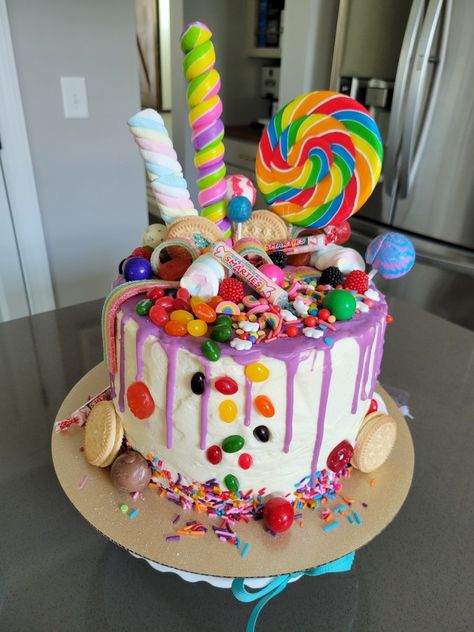 I Want Candy Birthday, Birthday Cake With Sweets On Top, Sweet Shop Birthday Cake, Forever Sweet Birthday Cake, Cake Decorated With Sweets, Birthday Cake With Candy On Top, Sweetie Cake Birthday, Birthday Cake Candy Theme, Candy Covered Cake