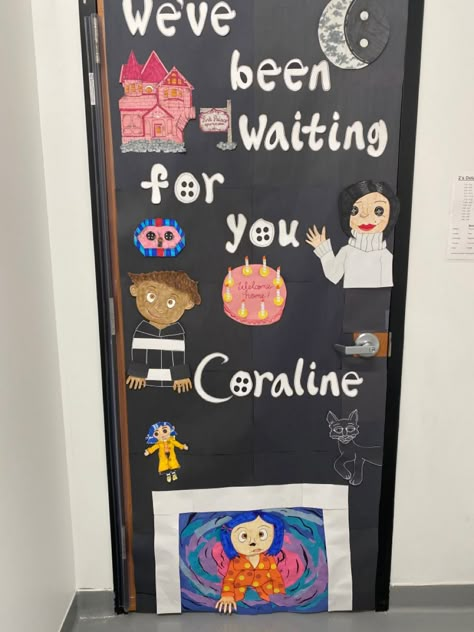 Coraline door decoration Coraline Door Decorations Classroom, Caroline Door Decoration, Coraline Baby Shower Theme, Coraline Bulletin Board Ideas, Coraline Classroom Door, Coraline Room Ideas, Coraline Baby Shower Ideas, Halloween Door Decorations Coraline, Diy Coraline Decorations