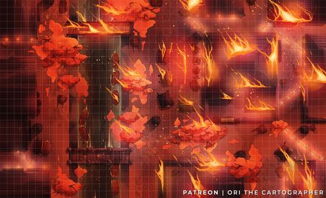 Burning City Battlemap, Burning Village Battlemap, Japanese Battlemap, Asian Maps, Building On Fire, Fire Giants, Burning City, Forest Map, Fantasy City Map