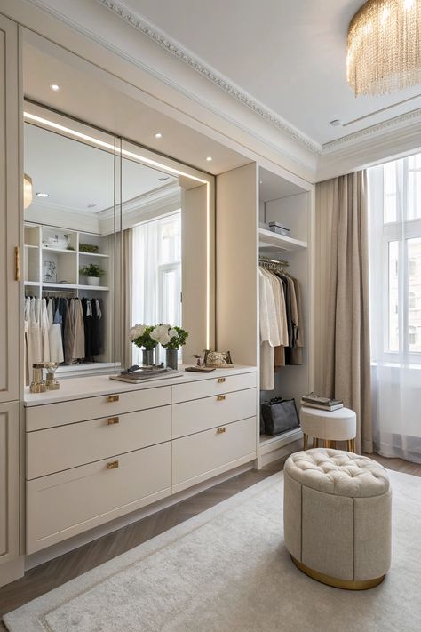 Start with a neutral color palette to create a serene and sophisticated atmosphere. Shades of white, beige, and soft greys can serve as a perfect backdrop for your glamorous dressing room. Room With Dressing, Minimalist Dressing Room, Home Dressing Room, Minimalist Dressing, Small Dressing Rooms, Beige Room, Neutral Color Palette, Apartment Bedroom, Minimalist Dresses