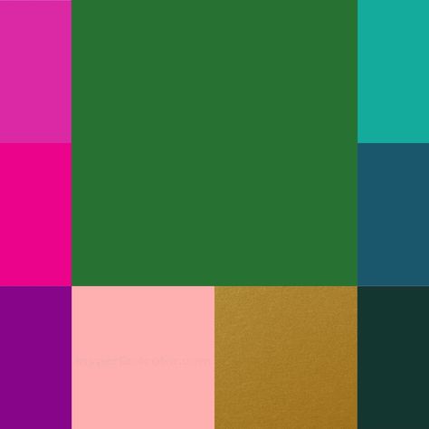 Wedding color palette. Primary colors: Emerald green, metallic gold and coral pink. Accent colors: Fuchsia, Magenta and Plum. Aqua, Teal and Forest green. Emerald Green And Fuschia Color Palette, Colors With Hot Pink, Orange Magenta Green Color Palette, Emerald And Pink Color Palette, Pink And Dark Green Color Palette, Color Palette With Kelly Green, Magenta Color Scheme, Magenta And Green Bedroom, Kelly Green Complimentary Colors