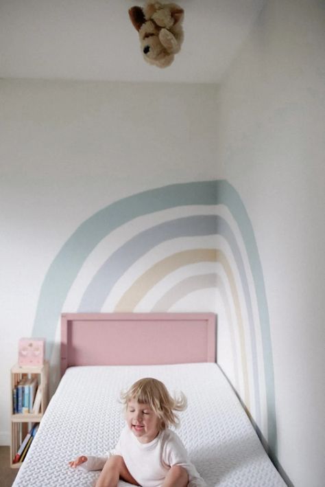 How to DIY a Rainbow Wall Mural in Kid's Bedroom Rainbow Painting Wall, Rainbow Painted Walls Kids Rooms, Kids Room Wall Paint, Diy Rainbow Wall, Rainbow Wall Mural, Girls Room Paint, Rainbow Mural, Wall Murals Diy, Kids Room Murals