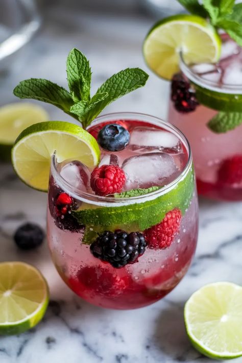 A photo of a  Berry Mint Mocktail Splash a Mocktail Recipes for Dry January Mocktails Non Alcoholic Easy Low Calorie, Alcohol Free Martini, Strawberry Mint Mocktail, Mocktails Non Alcoholic Aesthetic, The Best Mocktails, Juice Mocktails Nonalcoholic, Nye Alcoholic Drinks, Berry Mocktail Recipes, Mock Tail Ideas