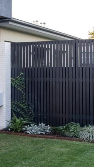 Front Door Privacy Screen, Black Timber Fence, Black Steel Fence, Front Fence And Gate, Black Picket Fence, Black Fencing, Front Portico, Timber Fence, Slatted Fence Panels