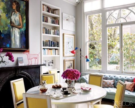 Christine D'Ornano's home in Elle Decoration: colourful chairs, art and accessories lift neutral backdrop Yellow Chairs, Dining Room Library, Rita Konig, Eclectic Dining Room, Eclectic Dining, London Townhouse, Yellow Chair, A Living Room, Breakfast Room