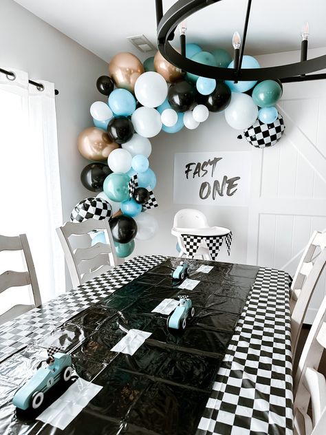 First Birthday Themes Cars, Fast One Birthday Food Ideas, One Fast Dude Birthday, Racing Smash Cake, First Lap Birthday Party Cake, My First Lap Birthday, First Lap Around The Track Birthday Cake, Muted Race Car Birthday, First Lap Birthday Party Theme