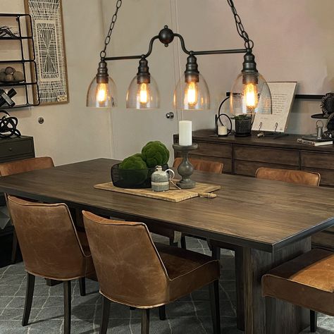 Dark Dining Room, Chandelier Store, Dining Chandelier, Island Chandelier, Kitchen Island Lighting Pendant, Vintage Bulb, Rustic Materials, Seeded Glass, Globe Lights