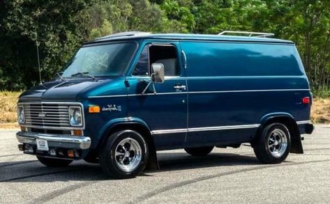 This 1976 Chevrolet G10 is claimed to be a one-owner vehicle and features the rarely seen three-speed manual and sharp Redondo Blue paint. #Chevrolet Vintage Vans For Sale, Custom Vans For Sale, G10 Van, Conversion Vans For Sale, Navy Blue Vans, Chevy Vans, Chevy Astro Van, Chevrolet Van, Background References