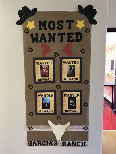 Make a "most wanted" board to post the Bottom Lines for the month Western Day Decorations, Wanted Poster Bulletin Board, Western Theme School Hallway, Country Bulletin Board Ideas, Wild Wild West Theme Party Decor, Wild West Classroom Door Ideas, Wild West Float Ideas, Western Classroom Theme Bulletin Boards, Wild West Bulletin Board Ideas