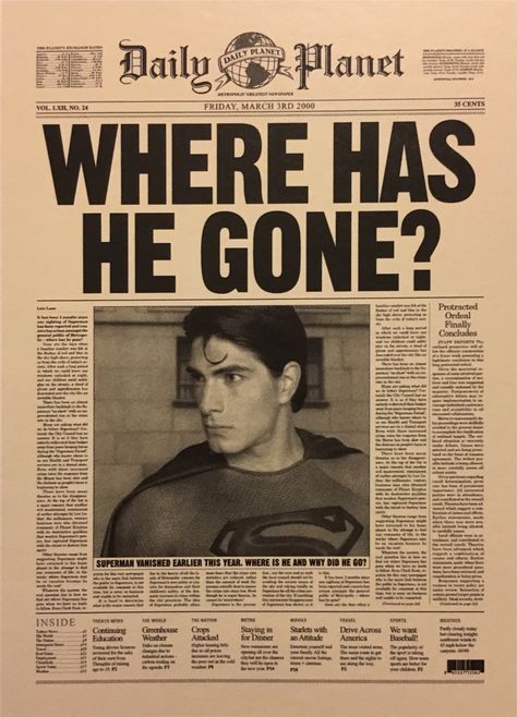 Daily Planet: Where Has He Gone prop newspaper for Superman Returns. Breaking News Newspaper, Daily Planet Superman, News Paper Poster, Marvel Newspaper, Daily Planet Newspaper, News Paper Aesthetic, Comic Newspaper, Old Newspaper Aesthetic, Batman Newspaper