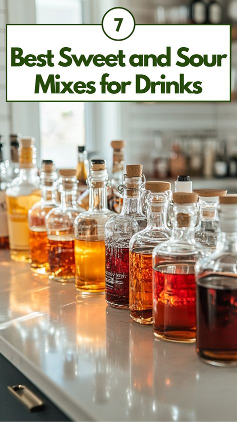 A variety of sweet and sour mix bottles displayed on a kitchen counter, ready to be used for making cocktails. Sour Mixed Drinks, Sweet And Sour Mix Recipe Cocktails, Amaretto Sour Recipe With Sweet And Sour, Drinks With Sour Mix Cocktail Recipes, Sweet And Sour Drink, Strawberry Daiquiri Mix, Sweet And Sour Recipes, Cocktails At Home, Whisky Sour