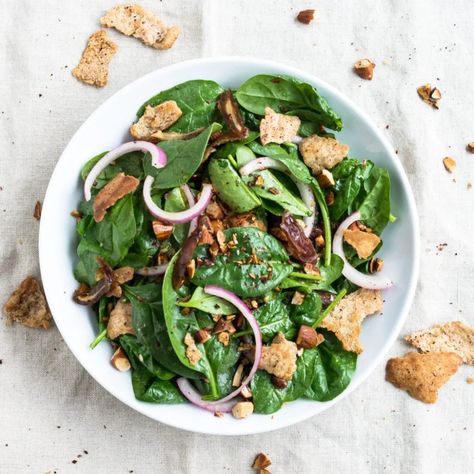 Date Salad, Salad With Dates, Baby Spinach Salad, Baby Spinach Recipes, Wheat Free Bread, Baby Spinach Salads, Shawarma Spices, Ottolenghi Recipes, Whole Wheat Pita