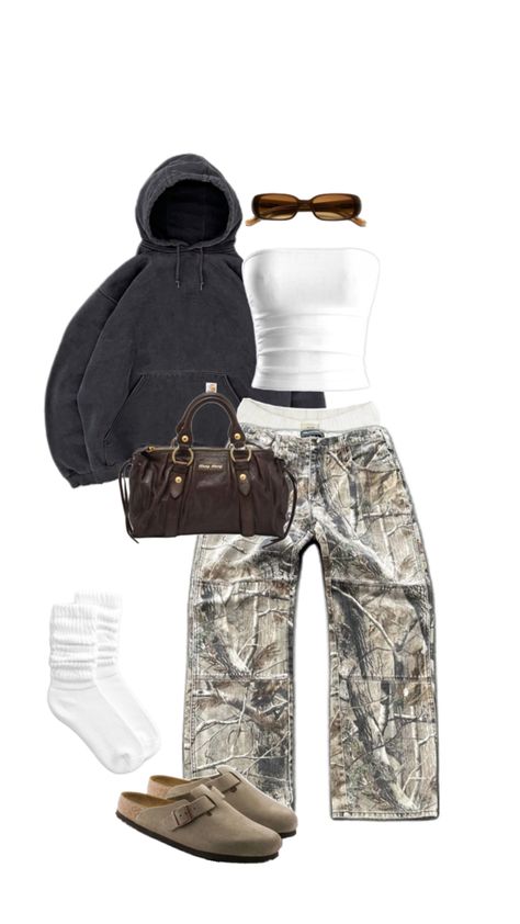 outfit inspo, camiuflage, camo pants, grey, brown bag, fall outfit, hoodie, carhartt Army Sweatpants Outfit, Distressed Camo Pants, Cheetah Hoodie Outfit, Styling Army Cargo Pants, Real Camo Pants Outfit, Camo Cargo Pants Outfit Winter, Cute Fall Outfits Sweatpants, Forest Pants Outfit, Casual Camo Outfits