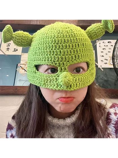 Crochet Shrek Ears, Shrek Beanie, Funny Beanies, Hat With Ears, Skull Hat, Green Monster, Funny Hats, Green Monsters, Up Halloween