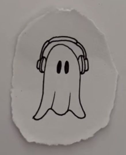 Emo Ghost Tattoo, Ghost With Hat Tattoo, Ghost Doodles Cute, Ghost Music Tattoo, Ghost Listening To Music Tattoo, Ghost With Headphones Tattoo, Mini Ghost Drawing, Cute Ghost Drawing Easy, Ghost Tattoos Simple