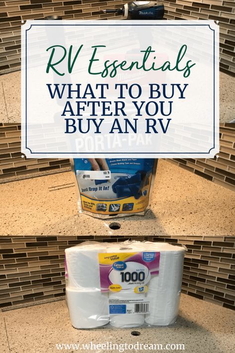 RV Essentials: What to Buy After You Buy an RV - Wheeling To Dream Rv Necessities, Rv Essentials, Mb Sprinter, Rv Camping Checklist, Rv Camping Tips, Camper Organization, Camper Hacks, Travel Trailer Camping, Rv Organization