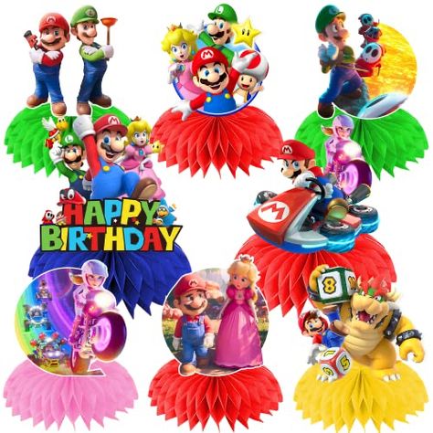 Mario Centerpieces, Mario Decorations, Centerpieces For Birthday, Video Game Table, Mario And Peach, Mario Theme, Decorations For Party, Video Games Birthday, Mario Birthday