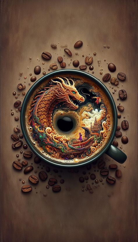 A coffee cup features a detailed dragon design made of swirling coffee, surrounded by coffee beans. Coffee Dragon, Steampunk Coffee, Dragon Design, Coffee Art, Coffee Beans, A Coffee, Coffee Cup, Swirl, Coffee Cups