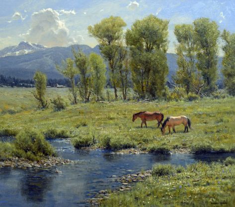 All Artwork Horses In A Field Painting, Wild Horse Painting, Landscape With Animals, Western Landscape Art, Horses Landscape, Western Art Paintings, Horses Painting, Western Artwork, Western Landscape