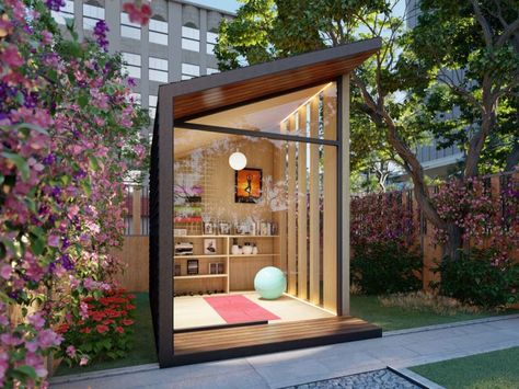 With slightly different decor, the pod could be used for anything, like as a yoga studio. - Autonomous Unique Shed Designs, Work Pod, Office Shed, Garden Pods, Tiny Office, Backyard Studio, Office Pods, Contemporary Home Office, Backyard Office