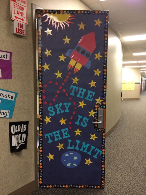 The sky is the limit :) my classroom door! Ideas To Decorate The Classroom, Outer Space Classroom Door Ideas, How To Decorate Classroom Door, Space Classroom Door Ideas, Space Decor Classroom, Rocket Ship Door Decorations, The Sky Is The Limit Classroom Theme, Space Themed Bulletin Boards Ideas, Out Of This World Classroom Door