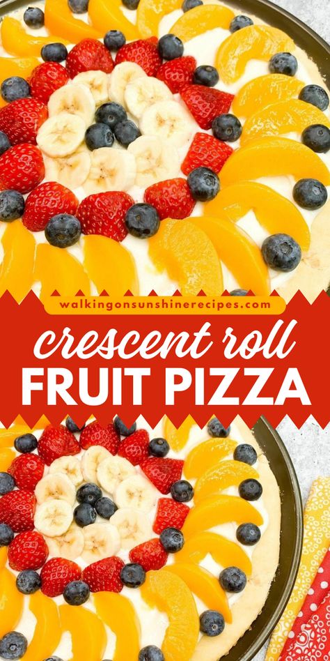 Make a simple 4th of July dessert with fresh and canned fruits by turning them into a sweet and refreshing fruit pizza! With an easy crescent roll fruit pizza recipe you can indulge in a nutritious dessert that you'll love! Save this summer dessert idea. Crescent Roll Dessert Pizza, Fruit Pizza With Crescent Roll Crust, Fruit Crescent Roll Recipes, Easy Fruit Pizza Sugar Cookie Pillsbury, Sped Crafts, Crescent Roll Fruit Pizza, Breakfast Fruit Pizza, Fruit Pizzas, Fruit Pizza Crust