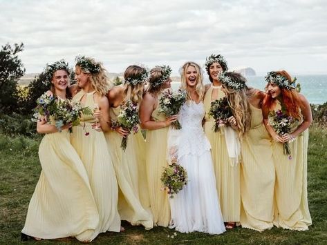 Elegant yellow bridesmaid dresses, pale yellow dresses, bridesmaid flower crown, bridesmaid wedding bouquets {Zoë Brunner Photography} Honey Colored Bridesmaid Dresses, Yellow Dresses For Wedding, Pale Yellow And Navy Wedding, Pale Yellow Bridesmaids Dresses, Yellow Wedding Bridesmaid Dress, Flower Crowns Bridesmaids, Bridesmaids Flower Crown, Bridesmaid Yellow Dresses, Bridesmaid Dress Yellow