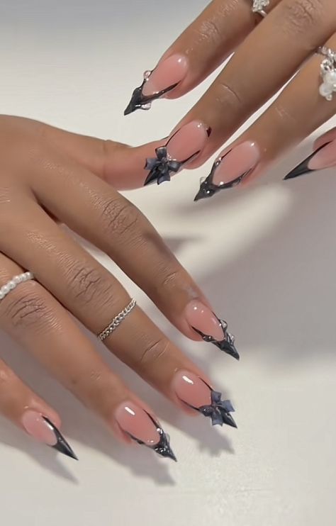 Grad Nail Ideas Almond, Birthday Nail Acrylic, Medium Length Stilleto Nail Ideas, Black Nails Stiletto Short, Birthday Nails Stiletto Medium, Dark Feminine Nails Almond, Hot Pink Stiletto Nails Design, Stilleto Frenchies, Pointy Nail Designs Stilettos