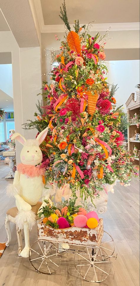 Easter Hunt Decoration Ideas, April Tree Decorating Ideas, Easter Tree Topper Ideas, Easter Staircase Decor, Spring Tree Ideas, Glitterville Easter, Easter Trees Ideas, 2024 Easter Trends, Spring Christmas Tree Ideas