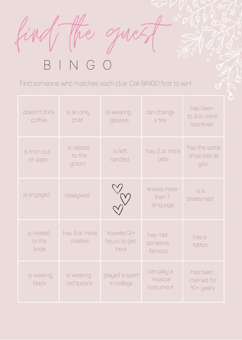 Fun Bridal shower game, guest bingo Bingo Bridal Shower Game, Find The Guest Bingo, Guest Bingo, Find The Guest, Bridal Shower Bingo, Brides With Tattoos, Bridal Shower Game, The Guest, Find Someone Who