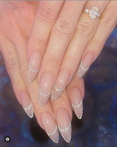 Prom Night Nails, French Nails With Line Design, Glitter Line French Tip, Clear Nail Inspiration, Silver Line Nail Art, Black French Tip Nails With Silver Line, Silver Outline Nails, Silver Bridal Nails, Silver Line Nails